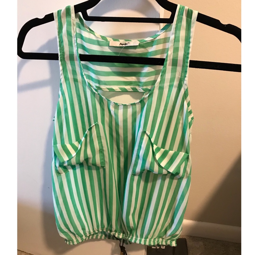 Green and white striped tank with tie at bottom